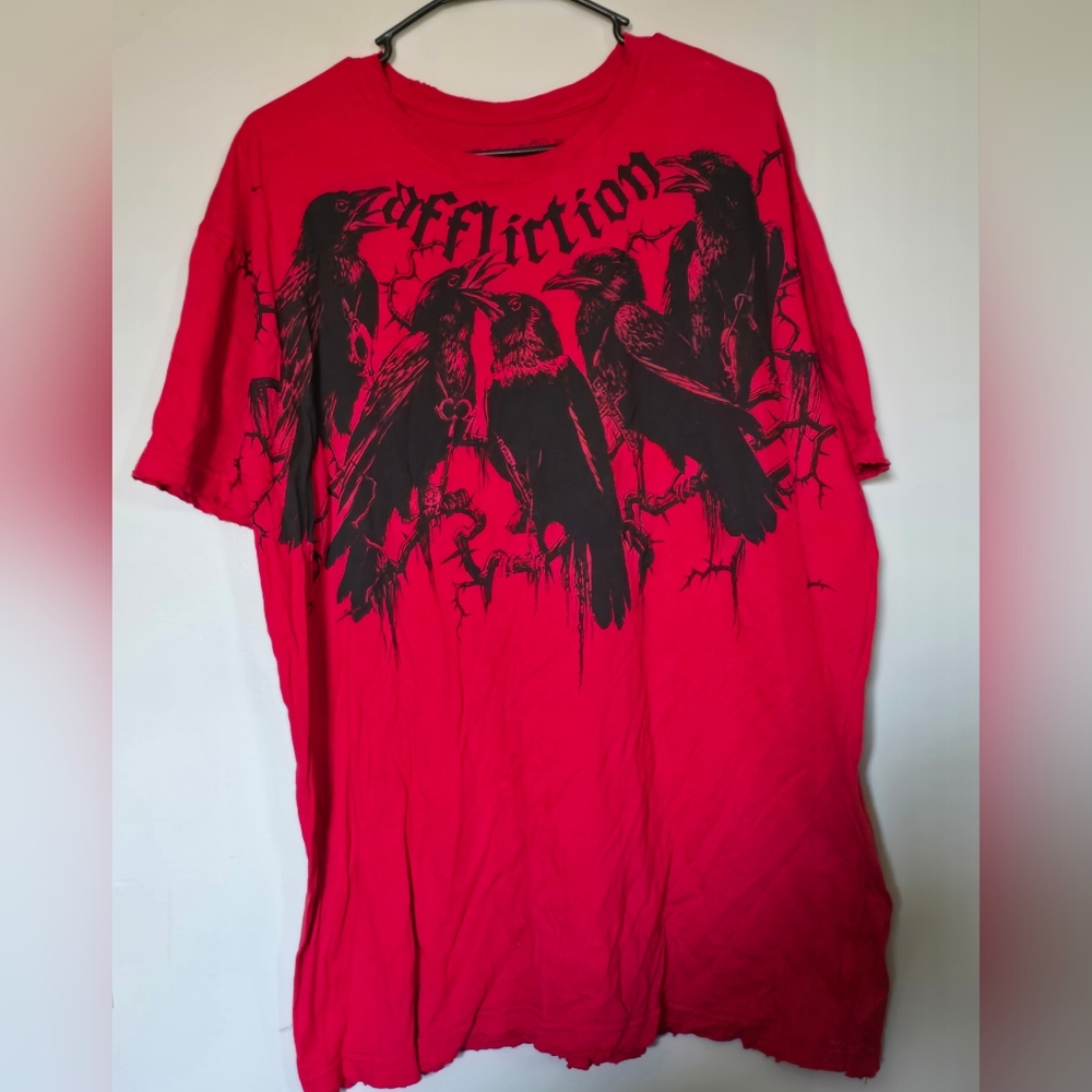 Affliction Red Short-Sleeve Tee with Black Raven Graphic Crows